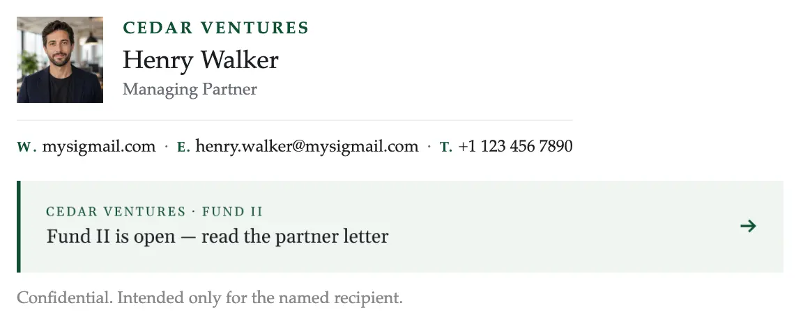 Founder / Executive email signature template "Managing Partner": photo, banner, disclaimer