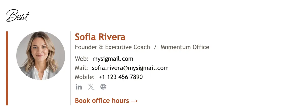 Founder / Executive email signature template "Founder & Executive Coach": photo, sign-off, call to action