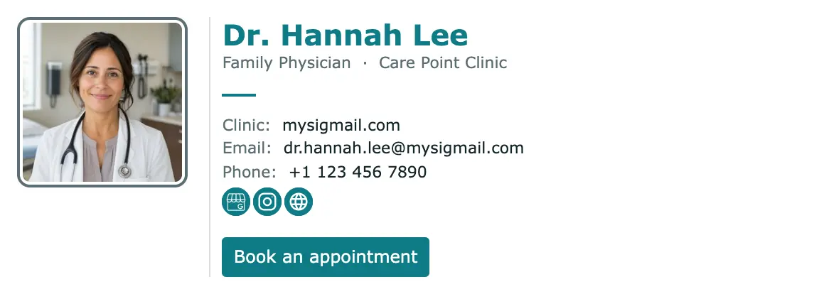 Healthcare email signature template "Family Physician": photo, call to action