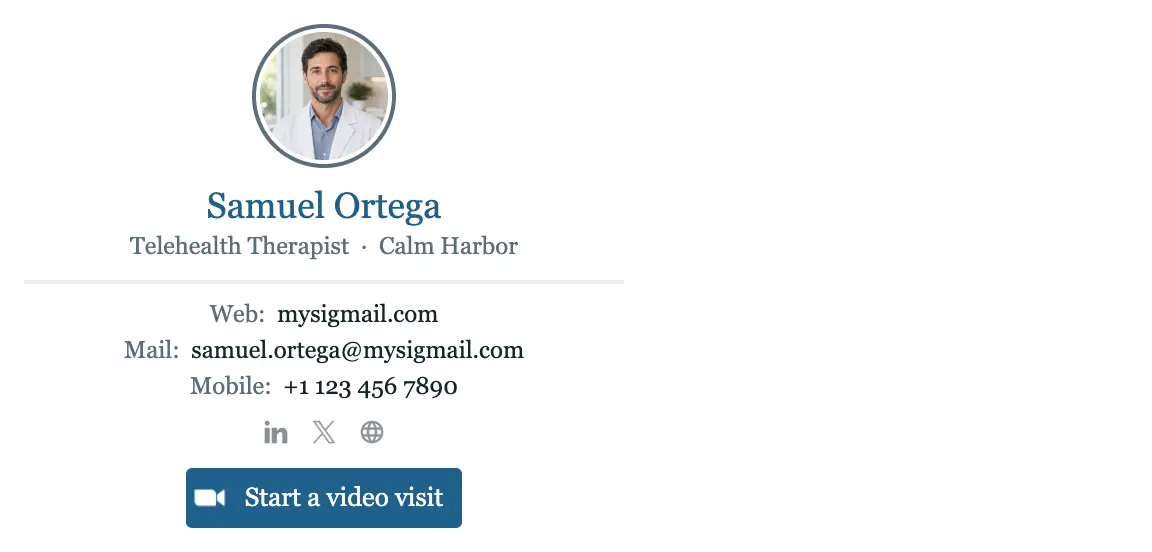 Healthcare email signature template "Telehealth Therapist": photo, video call button