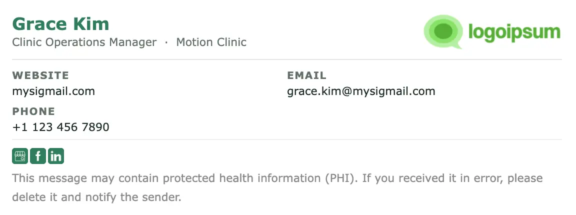 Healthcare email signature template "Clinic Operations Manager": logo, disclaimer