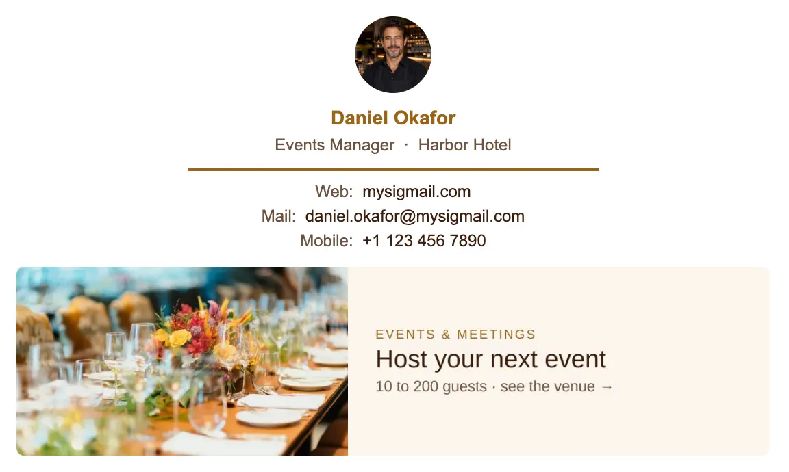Hospitality email signature template "Events Manager": photo, banner