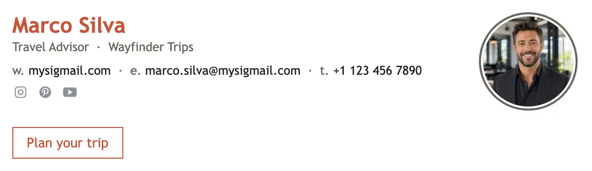 Hospitality email signature template "Travel Advisor": photo, call to action