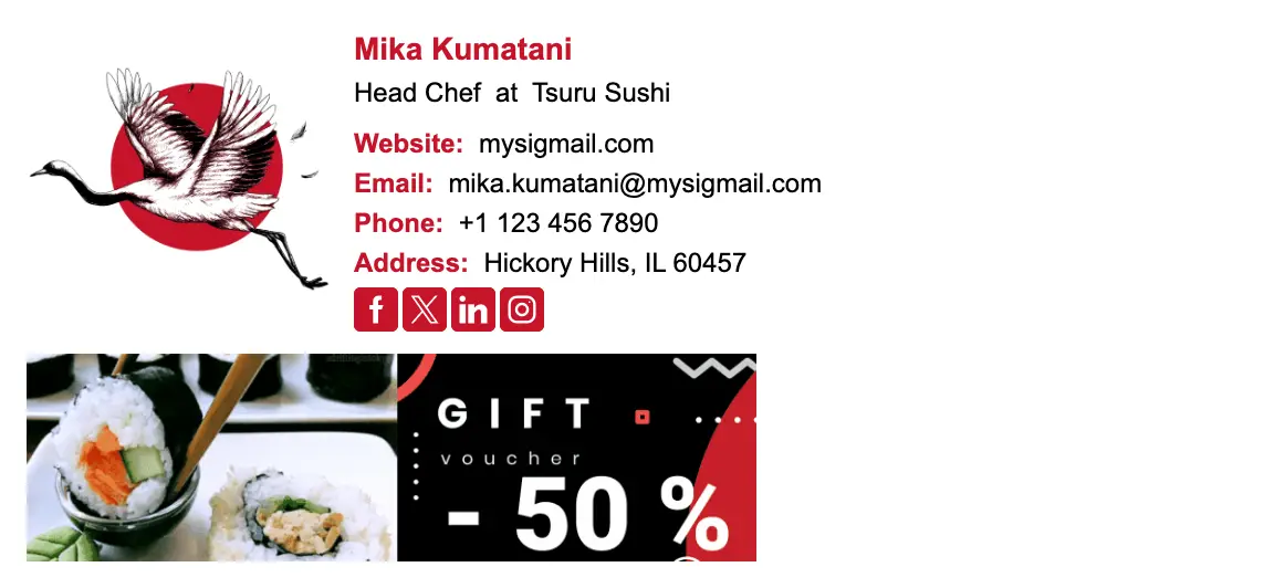 Hospitality email signature template "Sushi Head Chef": logo, banner