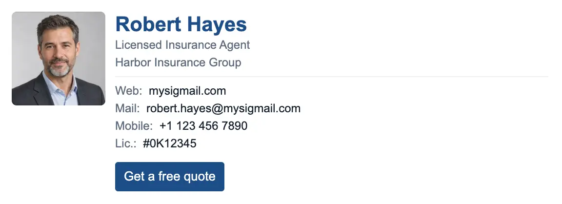 Insurance email signature template "Licensed Insurance Agent": photo, call to action