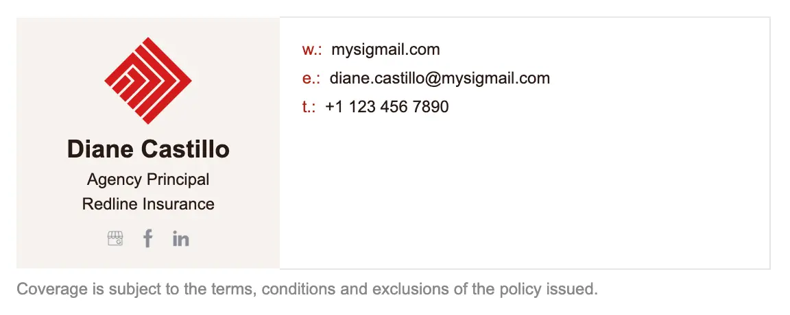 Insurance email signature template "Agency Principal": logo, disclaimer