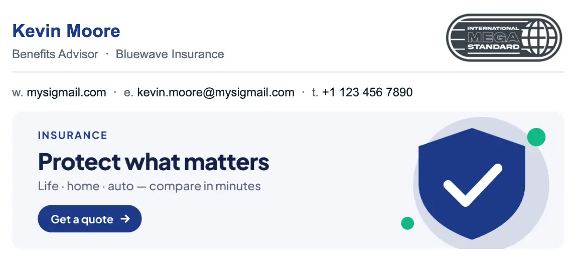 Insurance email signature template "Benefits Advisor": logo, banner