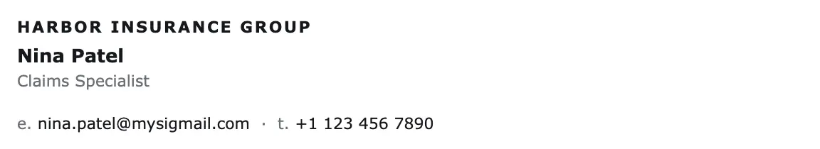 Insurance email signature template "Claims Specialist": text only