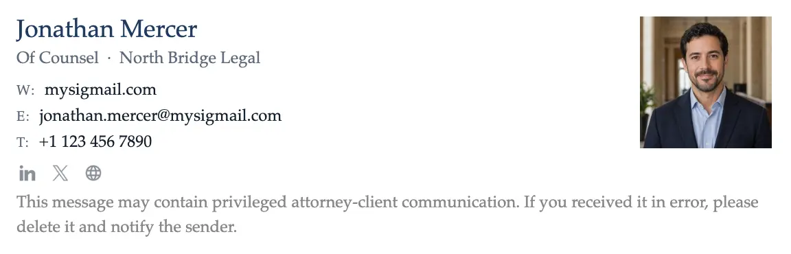 Legal email signature template "Of Counsel": photo, disclaimer