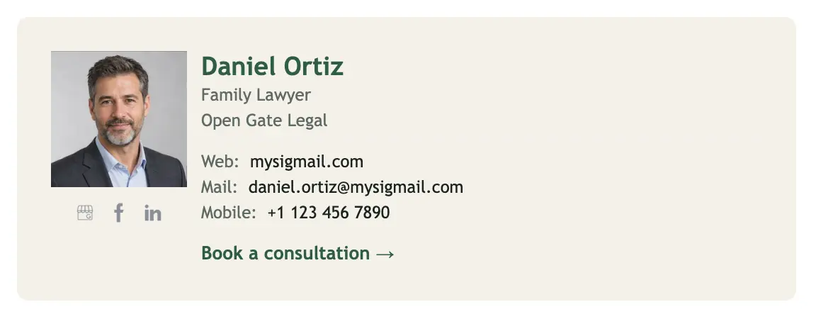 Legal email signature template "Family Lawyer": photo, call to action
