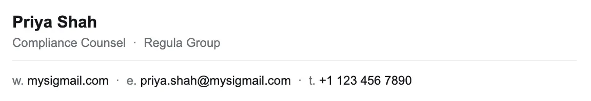 Legal email signature template "Compliance Counsel": text only