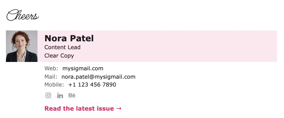 Marketing email signature template "Content Lead": photo, sign-off, call to action