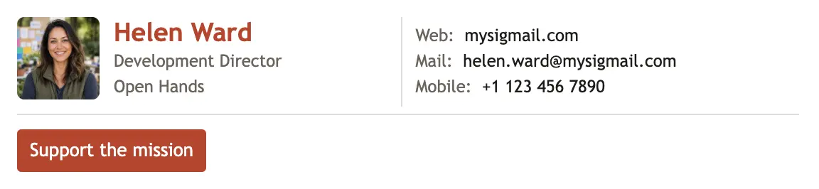 Nonprofit email signature template "Development Director": photo, call to action