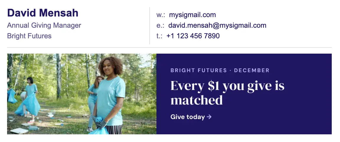 Nonprofit email signature template "Annual Giving Manager": banner