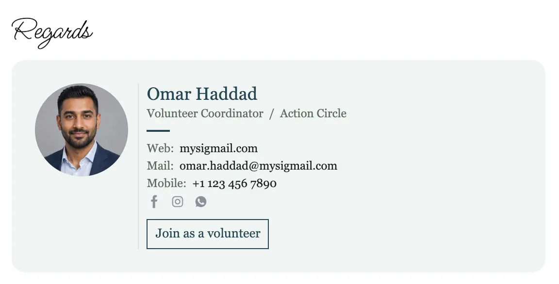 Nonprofit email signature template "Volunteer Coordinator": photo, sign-off, call to action