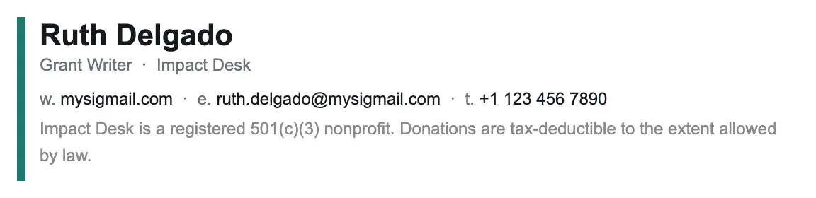 Nonprofit email signature template "Grant Writer": disclaimer