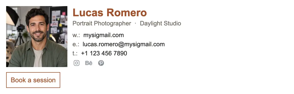 Photography & Video email signature template "Portrait Photographer": photo, call to action
