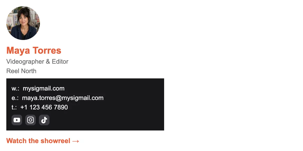 Photography & Video email signature template "Videographer": photo, call to action
