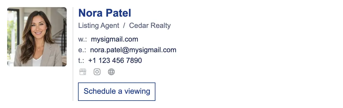 Real Estate email signature template "Listing Agent": photo, call to action