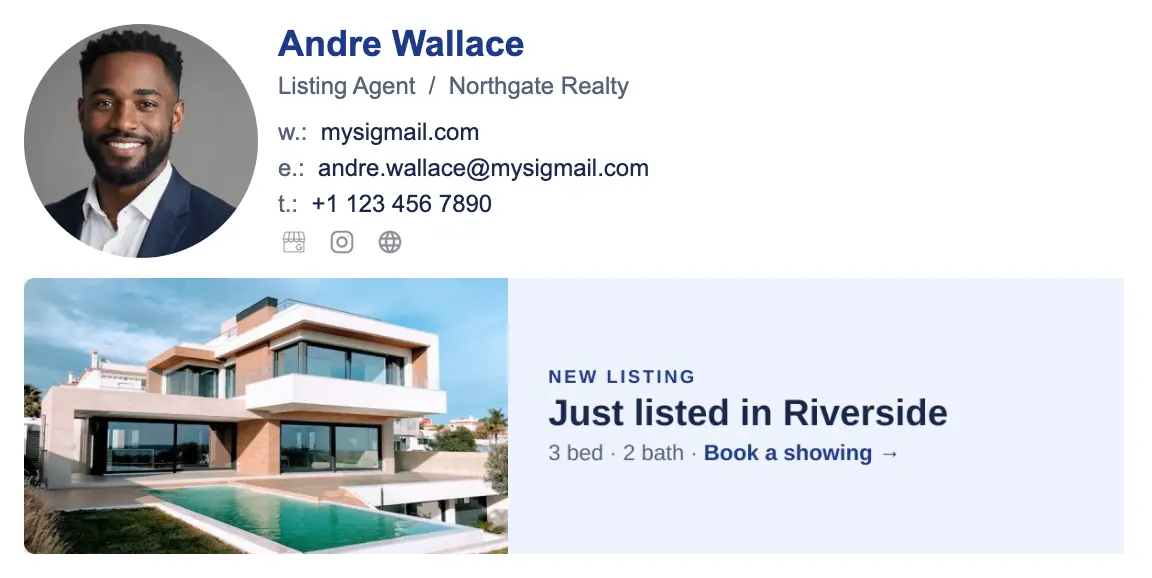 Real Estate email signature template "Neighborhood Listing Agent": photo, banner
