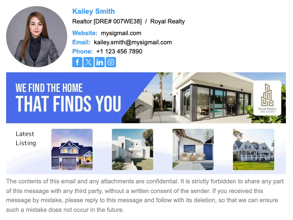 Real Estate email signature template "Real Estate Listing": photo, banner, disclaimer