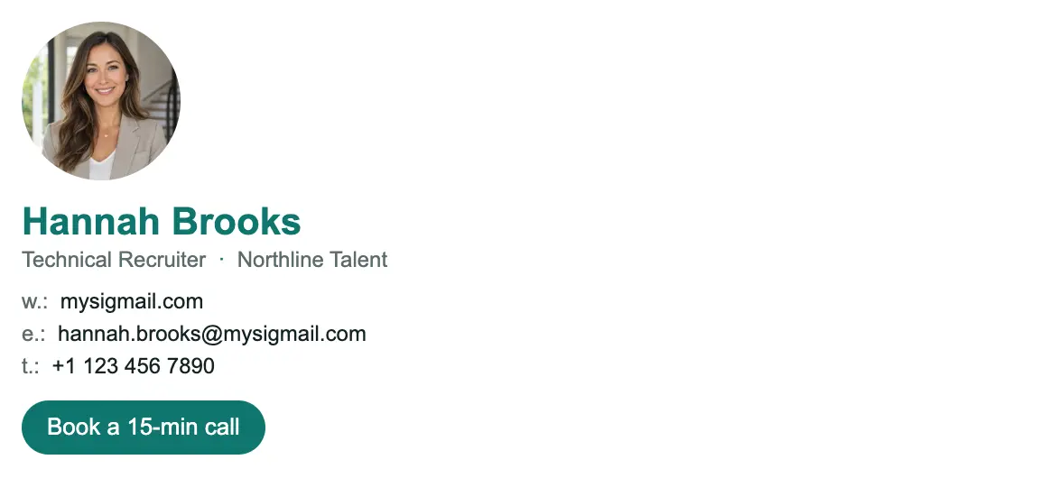 Recruiting & HR email signature template "Technical Recruiter": photo, call to action