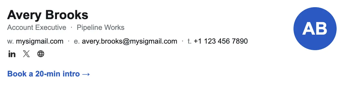 Sales email signature template "Account Executive": initials, call to action