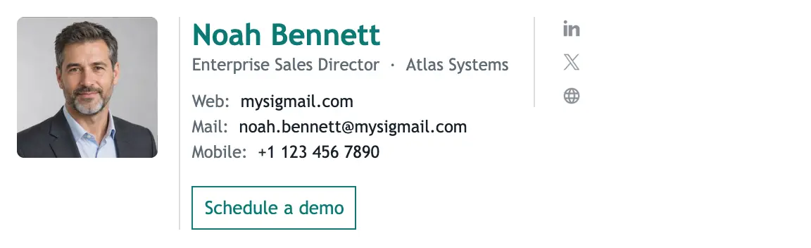 Sales email signature template "Enterprise Sales Director": photo, call to action