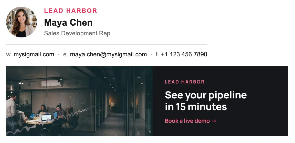 Sales email signature template "Sales Development Rep": photo, banner