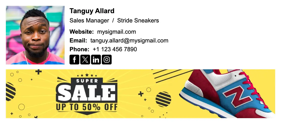 Sales email signature template "Retail Sale Banner": photo, banner