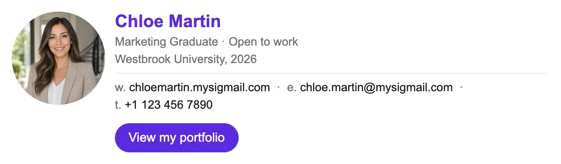 Students & Job Seekers email signature template "Marketing Graduate": photo, call to action