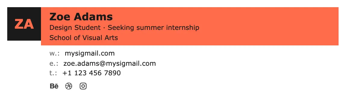Students & Job Seekers email signature template "Design Student · Seeking summer internship": initials