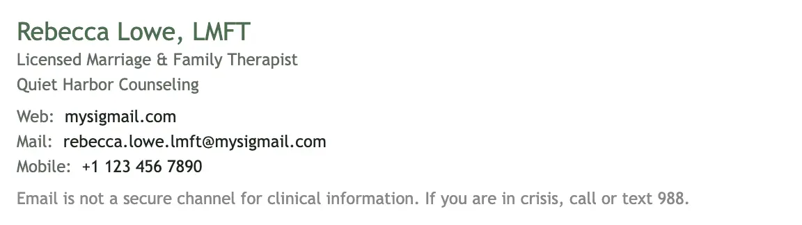 Therapy & Coaching email signature template "Licensed Therapist": disclaimer
