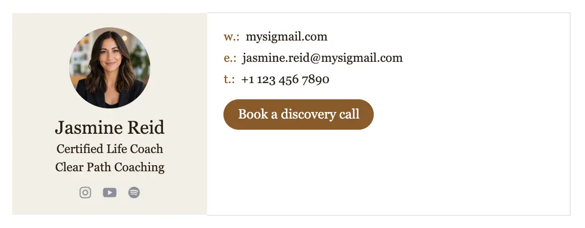 Therapy & Coaching email signature template "Life Coach": photo, call to action