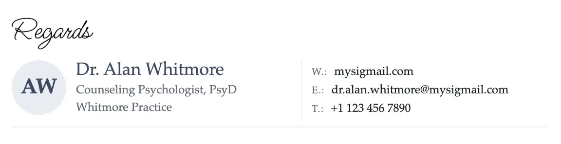 Therapy & Coaching email signature template "Counseling Psychologist": initials, sign-off