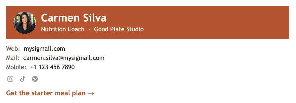 Therapy & Coaching email signature template "Nutrition Coach": photo, call to action
